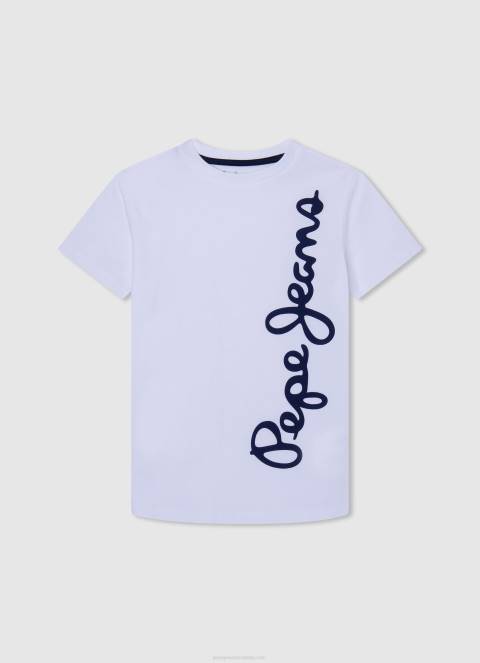 dječak bijela pamučna majica s okomitim logotipom Pepe Jeans JZ8H1618