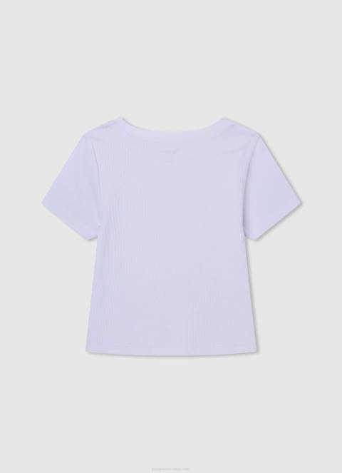 djevojka bijela rebrasta košulja s izvezenim logom Pepe Jeans JZ8H1459