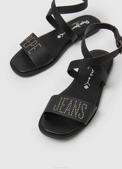 žene crno irma log ravne kožne sandale Pepe Jeans JZ8H661