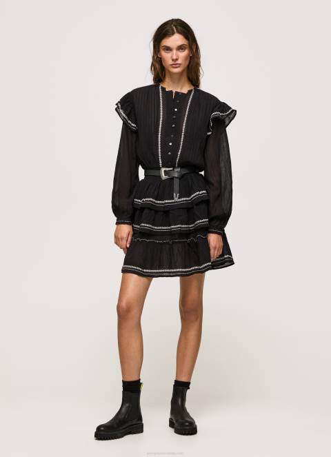 žene crno mini haljina s izvezenim detaljima Pepe Jeans JZ8H190