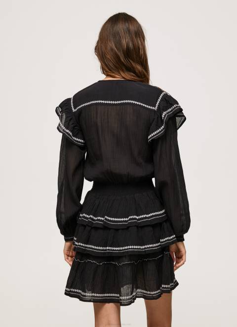 žene crno mini haljina s izvezenim detaljima Pepe Jeans JZ8H190