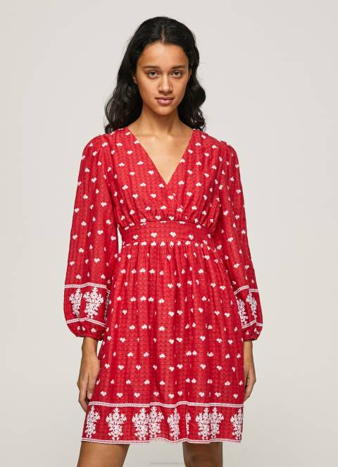 žene studio crvena haljina s izvezenim detaljima Pepe Jeans JZ8H216