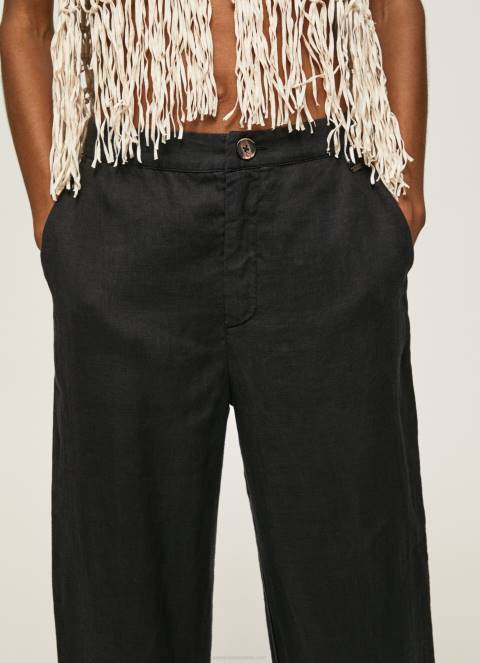 žene crno ravne hlače od lepršave tkanine Pepe Jeans JZ8H291