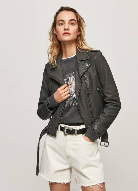 žene crno janjeća kožna biciklistička jakna Pepe Jeans JZ8H114