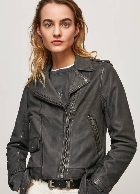 žene crno janjeća kožna biciklistička jakna Pepe Jeans JZ8H114