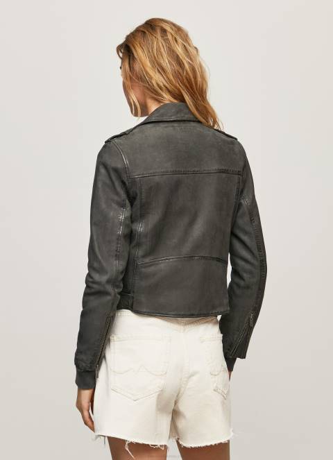 žene crno janjeća kožna biciklistička jakna Pepe Jeans JZ8H114