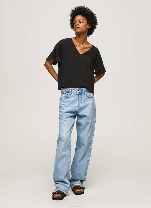 žene crno krep top s volanima na rukavima Pepe Jeans JZ8H365