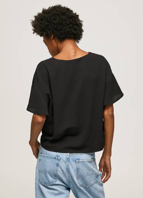 žene crno krep top s volanima na rukavima Pepe Jeans JZ8H365