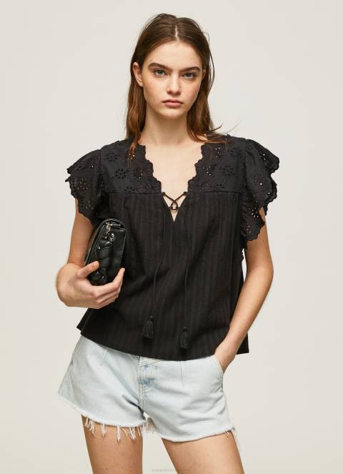 žene crno pamučna bluza s otvorenim detaljima Pepe Jeans JZ8H336