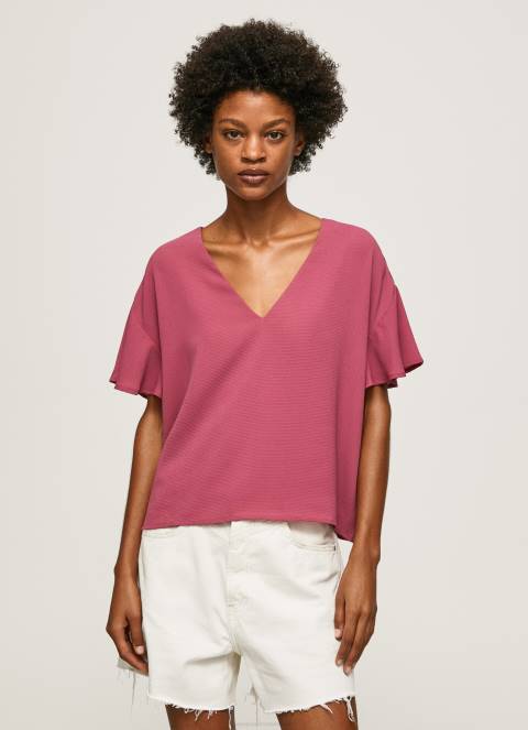 žene tamno rumenilo krep top s volanima na rukavima Pepe Jeans JZ8H375