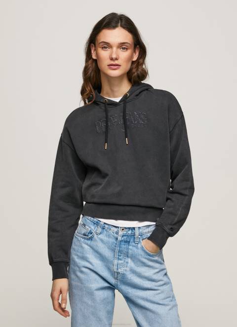 žene isprano crno pamučna majica s kapuljačom Pepe Jeans JZ8H281