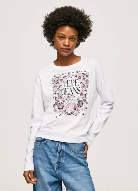 žene bijela majica dugih rukava s maxi logom Pepe Jeans JZ8H389