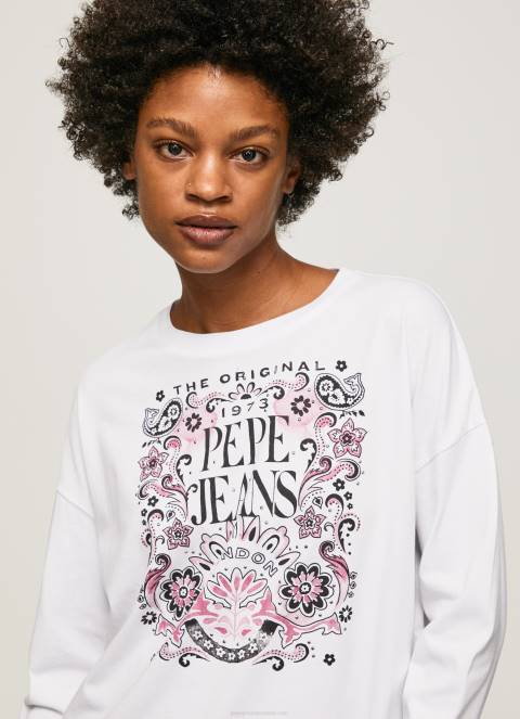 žene bijela majica dugih rukava s maxi logom Pepe Jeans JZ8H389