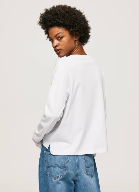 žene bijela majica dugih rukava s maxi logom Pepe Jeans JZ8H389