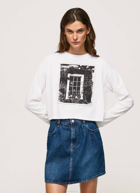 žene bijela majica dugih rukava s printom Pepe Jeans JZ8H428