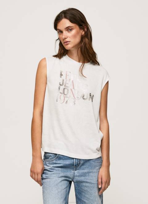 žene bijela majica kratkih rukava s rukavima s logotipom Pepe Jeans JZ8H418