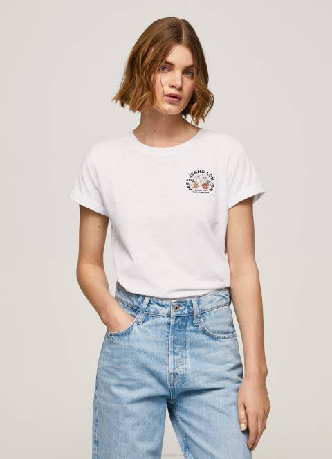 žene bijela majica s printom logotipa Pepe Jeans JZ8H381