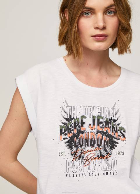 žene bijela majica s printom logotipa Pepe Jeans JZ8H445