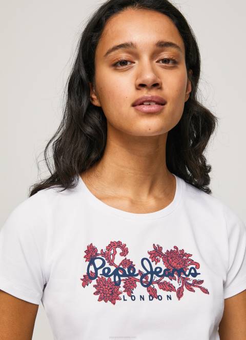 žene bijela majica s printom logotipa od likre Pepe Jeans JZ8H385