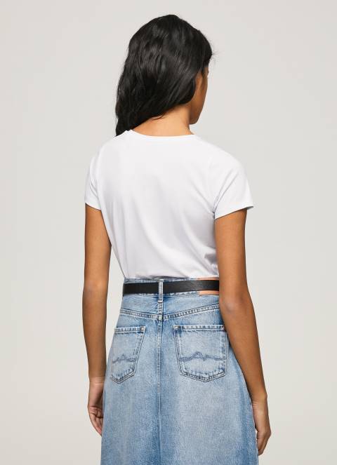 žene bijela majica s printom logotipa od likre Pepe Jeans JZ8H385