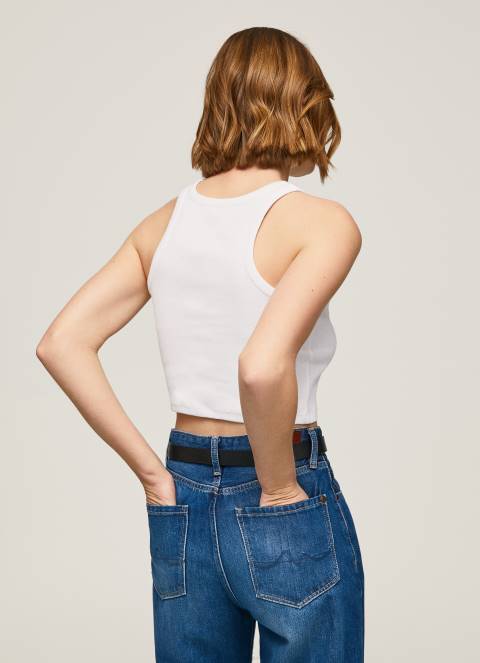 žene bijela rebrasta majica s rukavima s otvorom za ruke Pepe Jeans JZ8H423