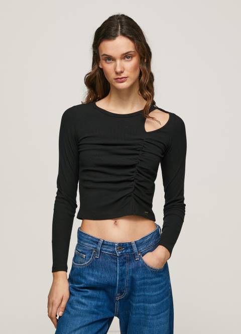 žene crno asimetrična majica dugih rukava Pepe Jeans JZ8H405