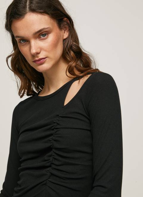 žene crno asimetrična majica dugih rukava Pepe Jeans JZ8H405