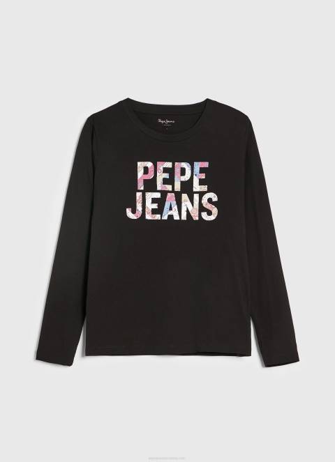 žene crno majica dugih rukava s logotipom Pepe Jeans JZ8H426