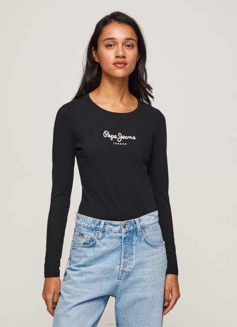 žene crno pamučna majica dugih rukava Pepe Jeans JZ8H471