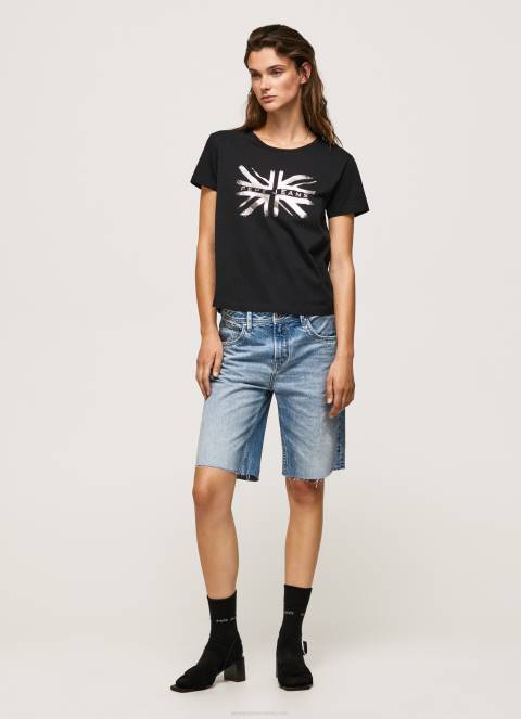 žene crno pamučna majica s metalik logotipom Pepe Jeans JZ8H414