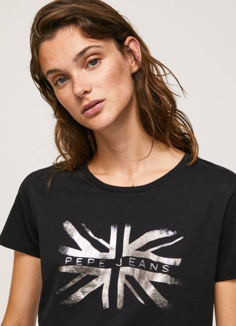 žene crno pamučna majica s metalik logotipom Pepe Jeans JZ8H414