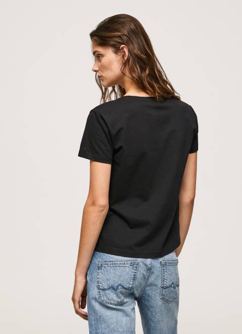 žene crno pamučna majica s metalik logotipom Pepe Jeans JZ8H414