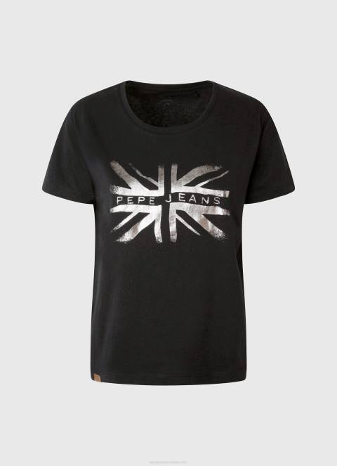 žene crno pamučna majica s metalik logotipom Pepe Jeans JZ8H414