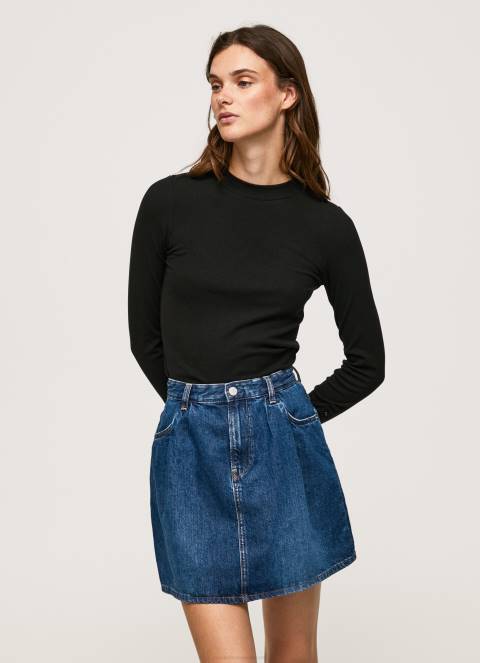 žene crno rebrasta majica dugih rukava Pepe Jeans JZ8H407