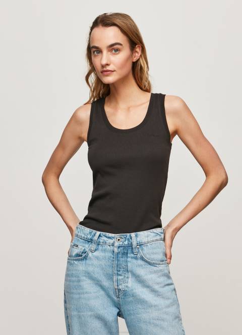 žene crno rebrasta majica kratkih rukava s otvorom za ruke Pepe Jeans JZ8H440