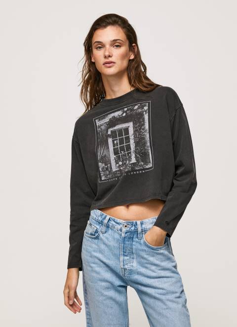 žene isprano crno majica dugih rukava s printom Pepe Jeans JZ8H427