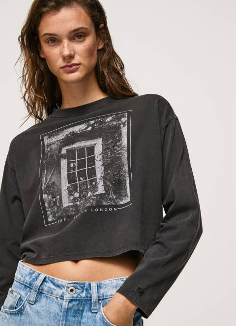 žene isprano crno majica dugih rukava s printom Pepe Jeans JZ8H427