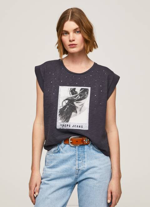 žene isprano crno majica s printom fotografija Pepe Jeans JZ8H388