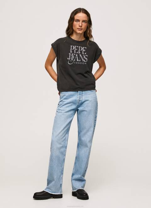 žene isprano crno pamučna majica s cvjetnim logotipom Pepe Jeans JZ8H403