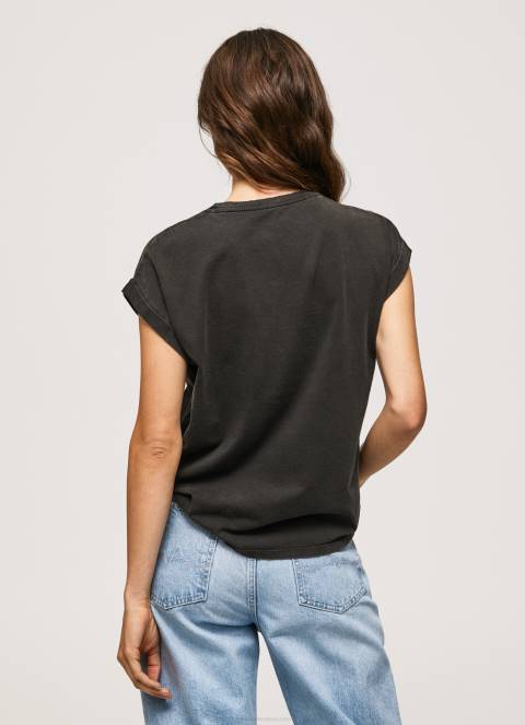 žene isprano crno pamučna majica s cvjetnim logotipom Pepe Jeans JZ8H403