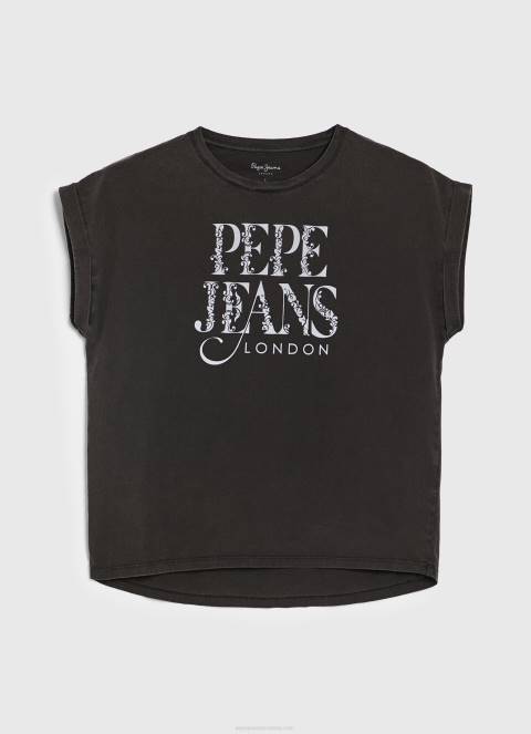 žene isprano crno pamučna majica s cvjetnim logotipom Pepe Jeans JZ8H403