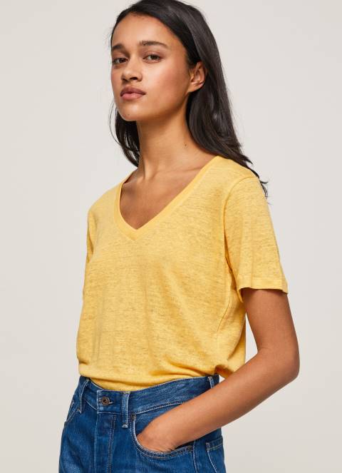 žene sjaj lanena majica s v-izrezom Pepe Jeans JZ8H453