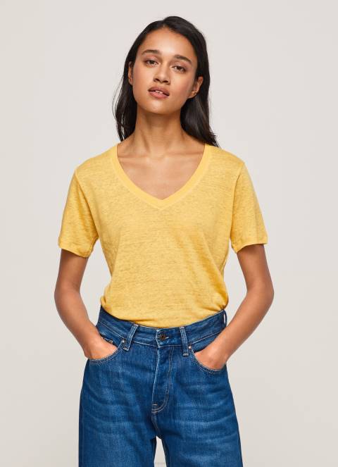 žene sjaj lanena majica s v-izrezom Pepe Jeans JZ8H453