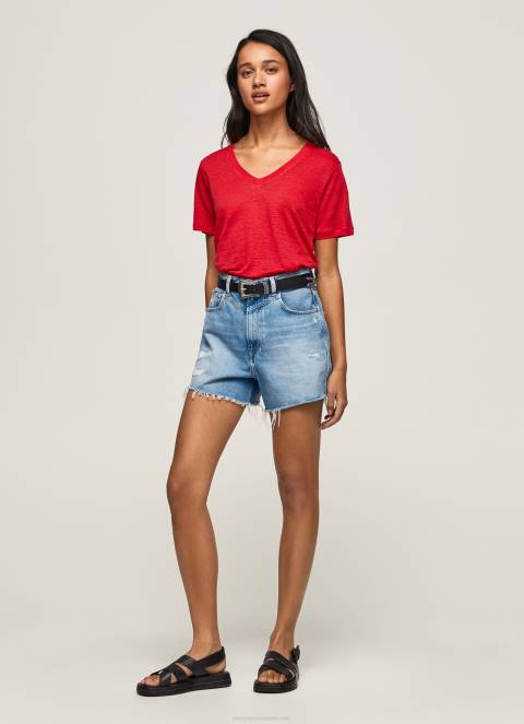 žene studio crvena lanena majica s v-izrezom Pepe Jeans JZ8H465