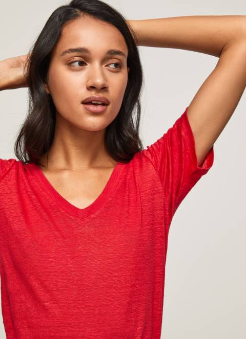 žene studio crvena lanena majica s v-izrezom Pepe Jeans JZ8H465