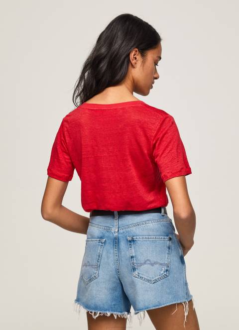 žene studio crvena lanena majica s v-izrezom Pepe Jeans JZ8H465