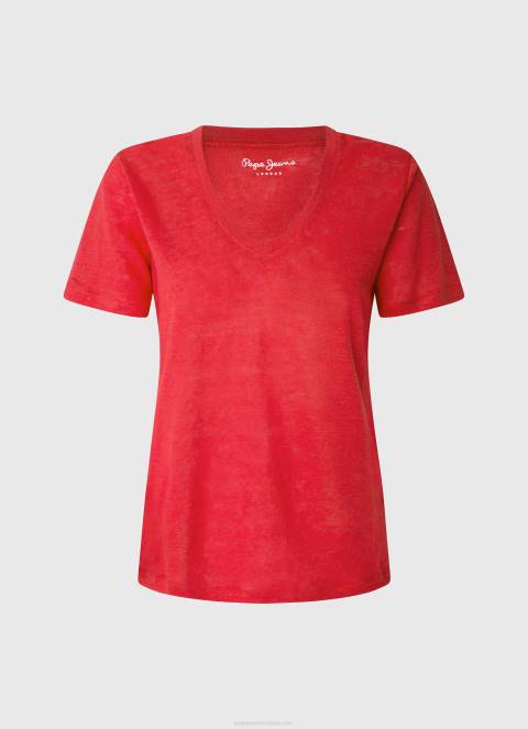 žene studio crvena lanena majica s v-izrezom Pepe Jeans JZ8H465