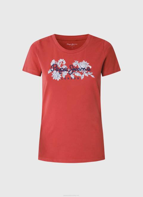 žene studio crvena majica s printom logotipa od likre Pepe Jeans JZ8H384