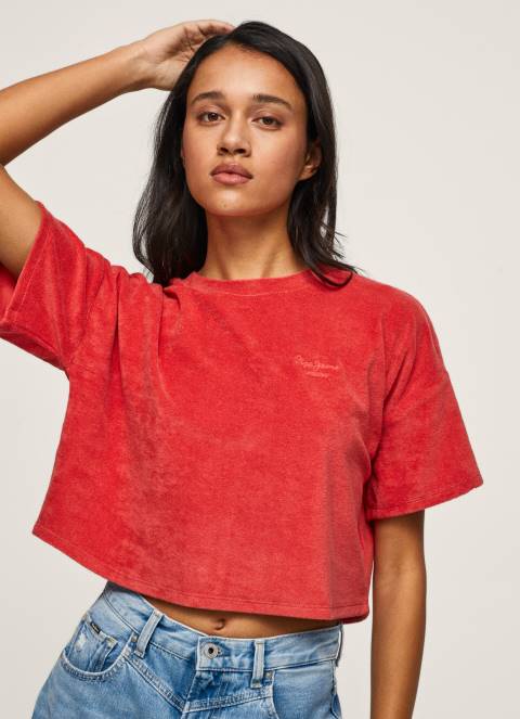 žene studio crvena skraćena majica od baršuna Pepe Jeans JZ8H460