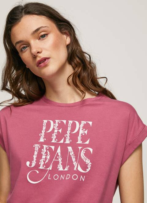 žene tamno rumenilo pamučna majica s cvjetnim logotipom Pepe Jeans JZ8H431